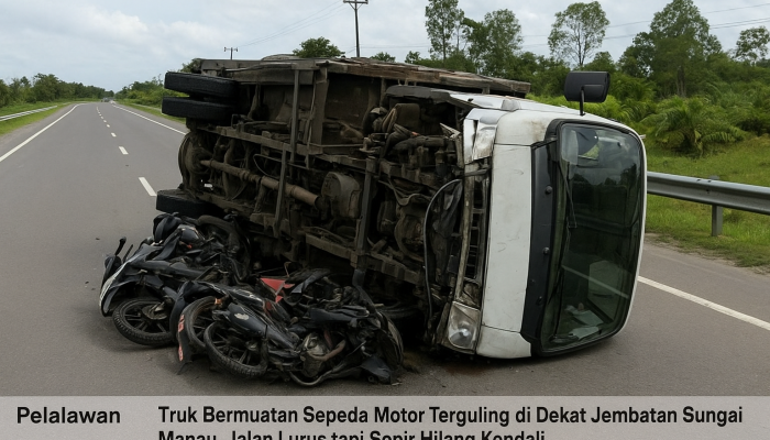 Truk Bermuatan Sepeda Motor Terguling di Dekat Jembatan Sungai Manau, Jalan Lurus tapi Sopir Hilang Kendali